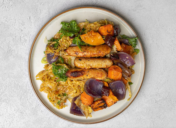 Chicken Sausages + Mixed Cabbage, Gravy