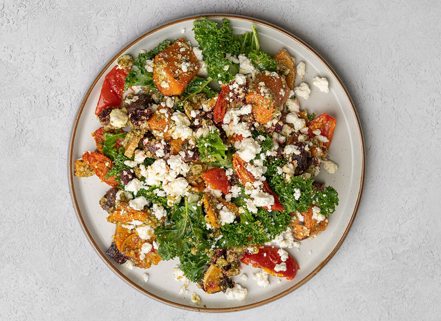 Feta, Roasted Root Veg + Pesto Salad