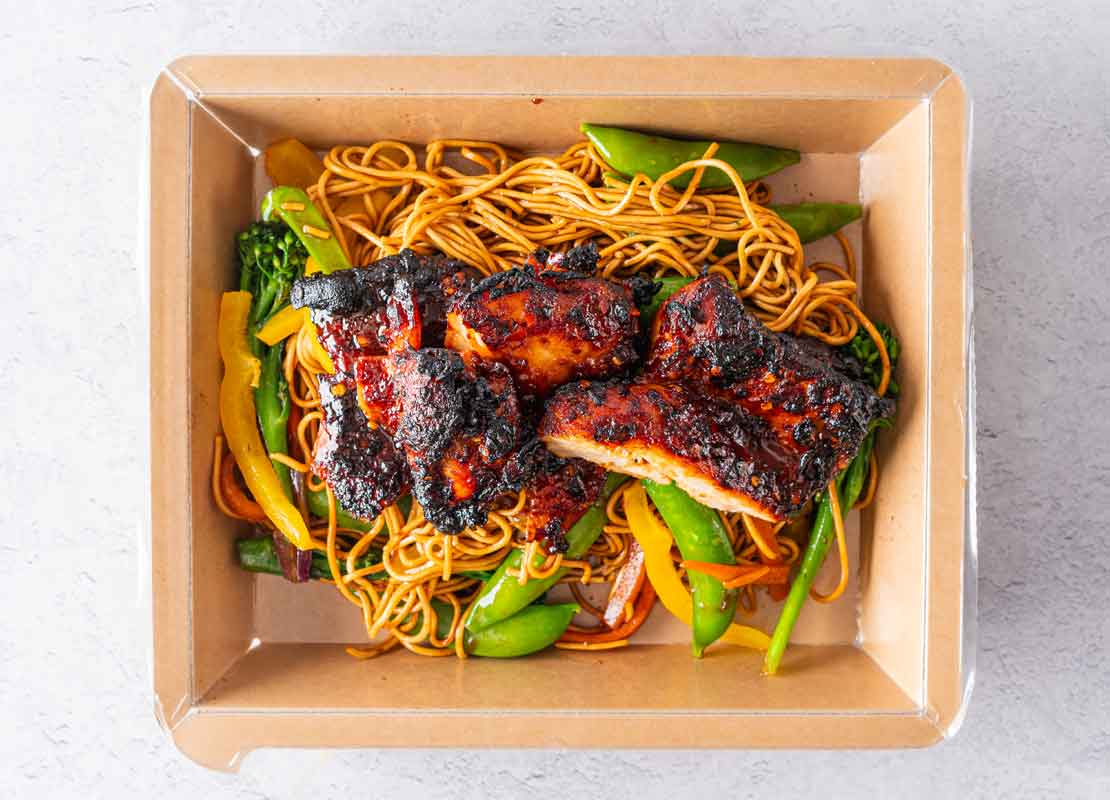 Firecracker Chicken Thighs, Noodles + Stir Fry Veg
