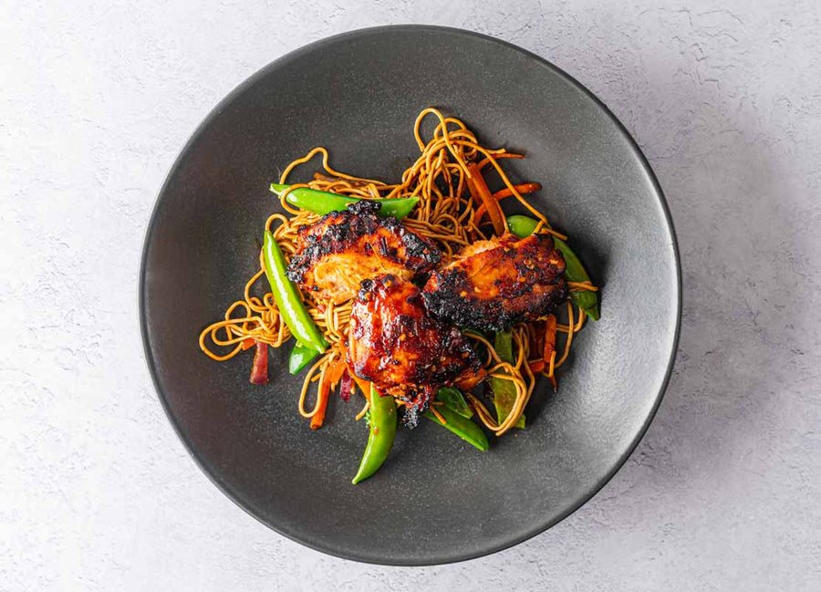 Firecracker Chicken Thighs, Noodles + Stir Fry Veg
