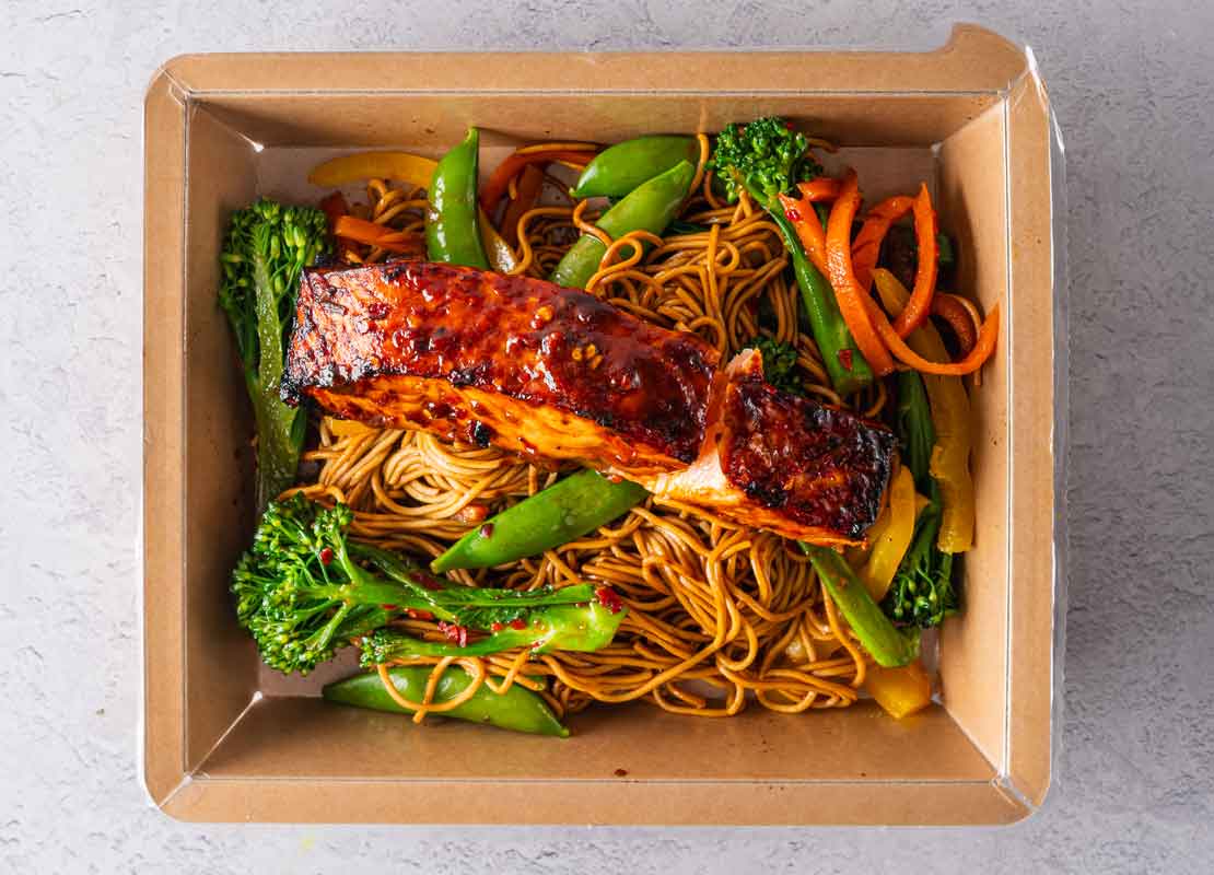 Firecracker Salmon, Noodles + Stir Fry Veg