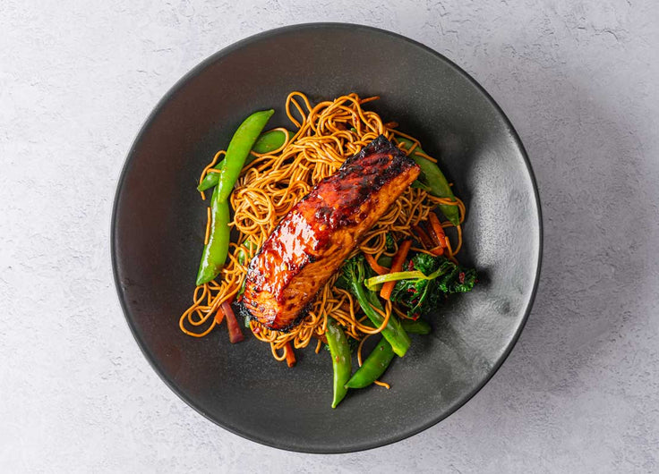 Firecracker Salmon, Noodles + Stir Fry Veg