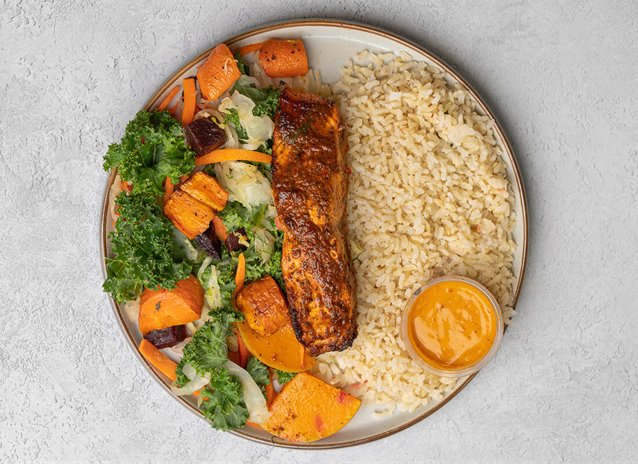 Roasted Red Pepper Salmon + Steamed Rice