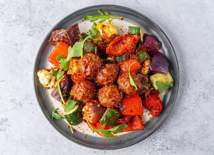 Tuscan Turkey Meatballs + Balsamic Roasted Vegetables