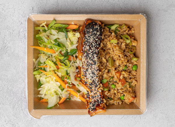 Teriyaki Salmon, Egg-Fried Rice, Cabbage/Carrot