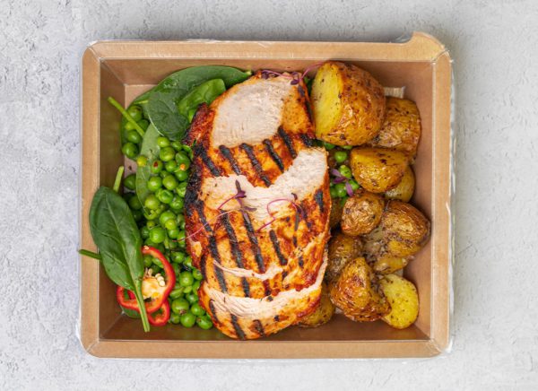 Grilled Harissa Chicken, Herby New Potatoes, Minty Chilli Peas